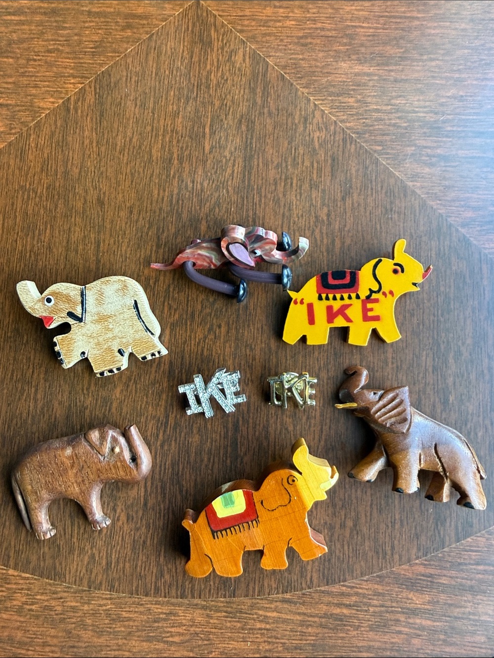 Vintage Elephant Brooch & Pin Lot – IKE Political Pins, Wood & Enamel